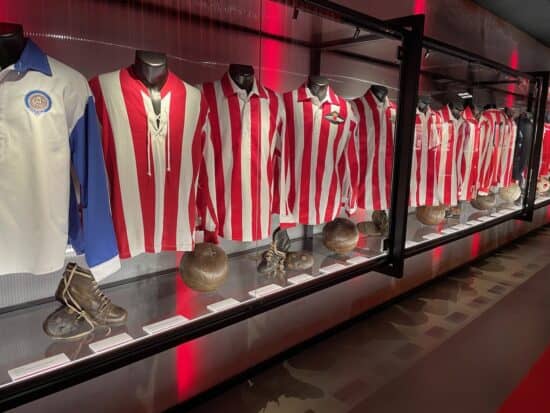 Atlético Madrid shirts in the club's museum.