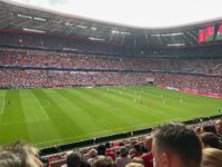 View of a football game at Bayern Munich from the stands.