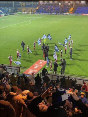 kids waving flags on a football pitch