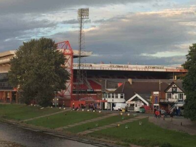 Not a meadow, but City Ground, seen from Trent Bridge, is a lovely place. Exterior of City Ground, home of Nottingham Forest FC