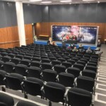 Media interview room, fixed up for a boxing match.