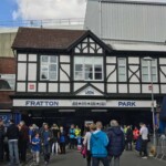 The iconic Tudor facade on the South Stand at Fratton Park, home of Portsmouth FC. english football stadiums fratton park portsmouth fc