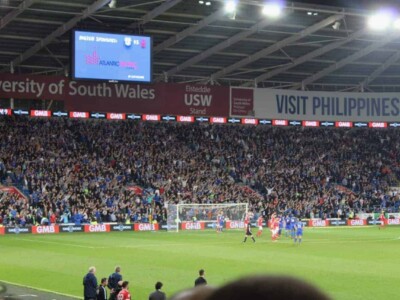 looking at the goal at Cardiff Stadium