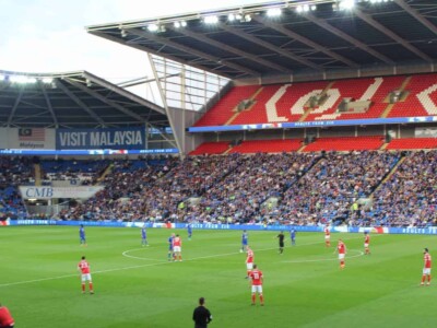 Kickoff of a football game at Cardiff City