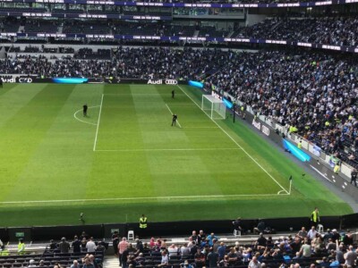 View of a soccer game at Tottenham Hotspur Stadium.