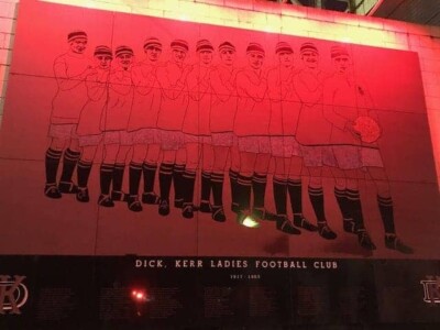 Dick, Kerr Ladies are honored by this tribute at Preston North End's Deepdale stadium. women's football in england dick kerr ladies