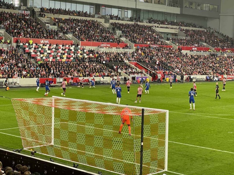 view of football from behind the goal at brentford community stadium