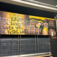 artwork of a man holding a beer